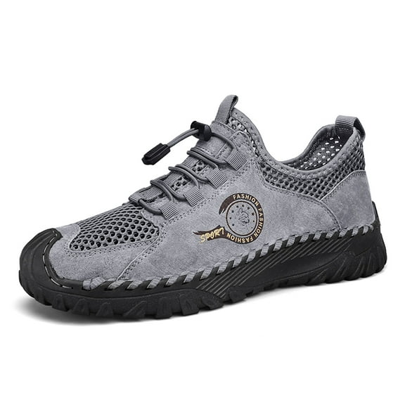 Mens Casual Sandals Breathable Outdoor Summer Hollow Mesh Non-slip Beach Hiking Leather Closed Toe Handmade Water Shoes Gray 8.5 US