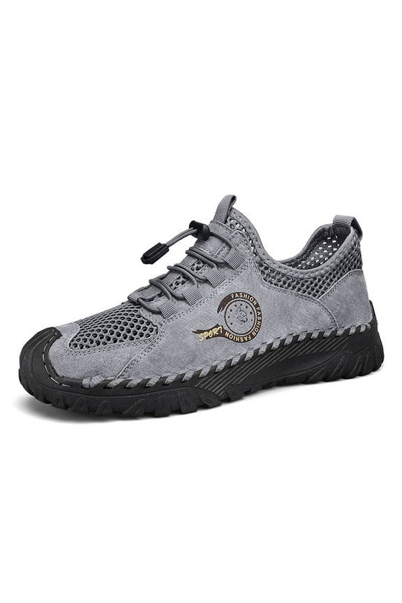 Mens Casual Sandals Breathable Outdoor Summer Hollow Mesh Non-slip Beach Hiking Leather Closed Toe Handmade Water Shoes Gray 8.5 US