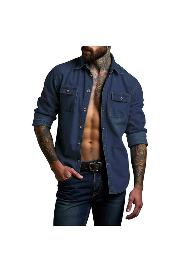 Mens Casual Shacket Cotton Twill Lightweight Jackets Button Down Shirt Jacket with Pockets Navy S