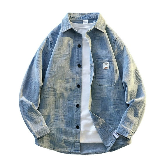 Mens Casual Shacket Denim Twill Lightweight Jackets Button Down Shirt Jacket with Pockets Coat Casual Varsity Jackets (Light Blue,Large)