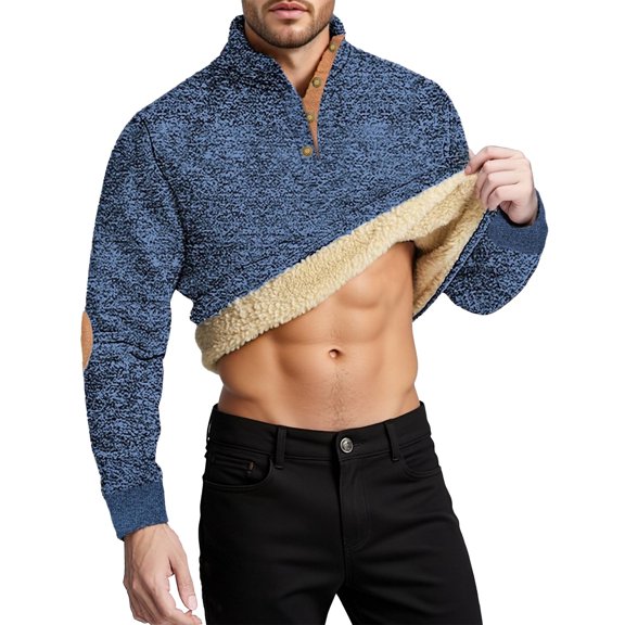 Mens Casual Sherpa Lined Thermal Sweatshirt Long Sleeve Stand Collar 1/4 Button Up Pullover Fall Sweaters,Color:Navy,Size:XL