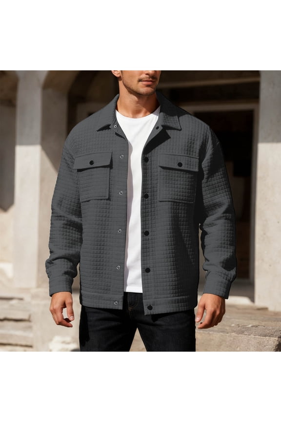 Mens Casual Shirt Jacket Waffle Jacket Long Sleeve Sweater Jackets (Dark Gray XXXL)