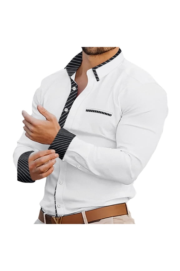 Mens Casual Shirt Long Sleeve Button Down Dress Shirt Regular Fit Collar Stripes Lined Stretch Business Casual Trendy Shirt with Pocket lapel Collared Slim Lightweight Shirt, White (Small)