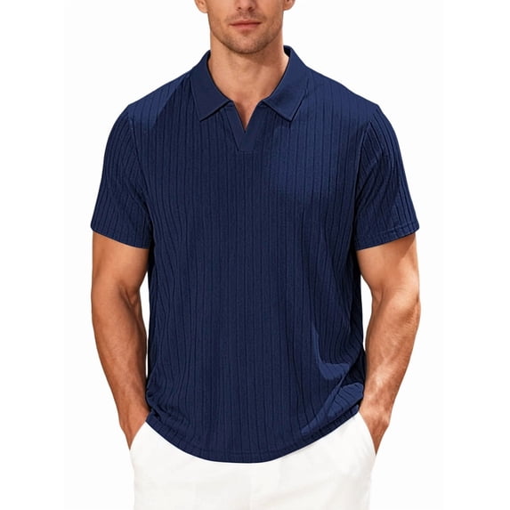Mens Casual Shirt Summer Short Sleeve Vacation Button Beach Knit Stretchy Golf Shirts Navy Blue L