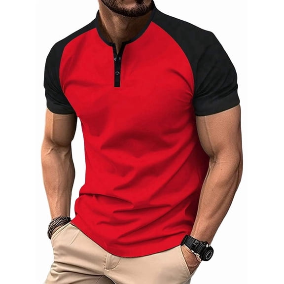 Mens Casual Shirts Classic Short Sleeve Golf Shirt Fashion Button Top with Pocket Red L