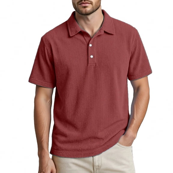Mens Casual Shirts Corduroy Short Sleeve Turn Down Collar Solid Color Comfort Mens Holiday Clothes,Red,L