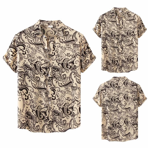 Mens Casual Shirts Fashion Large Size Lapel Button Short Sleeve Printed Mens Sprimg Clothing,Beige,3XL