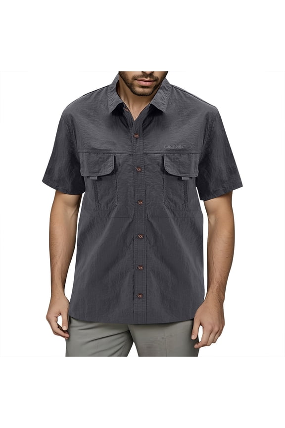 Mens Casual Shirts Fishing Short Sleeve Travel Button Down Mens Clothing,Grey,3XL