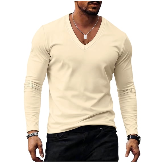 Mens Casual Shirts,Long Sleeve Shirts for Men Casual Soft Breathable Full Solid Color V Neck T Shirts Top