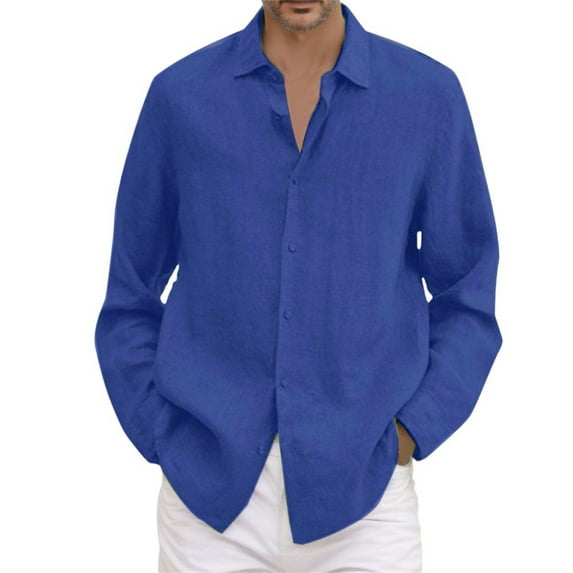 Mens Casual Shirts,Men's Casual Autumn Long Sleeve V Neck Loose Fit Cotton Linen Button Down Shirt,Mens Dress Shirts Long Sleeve(Color:Blue,Size:2XL)