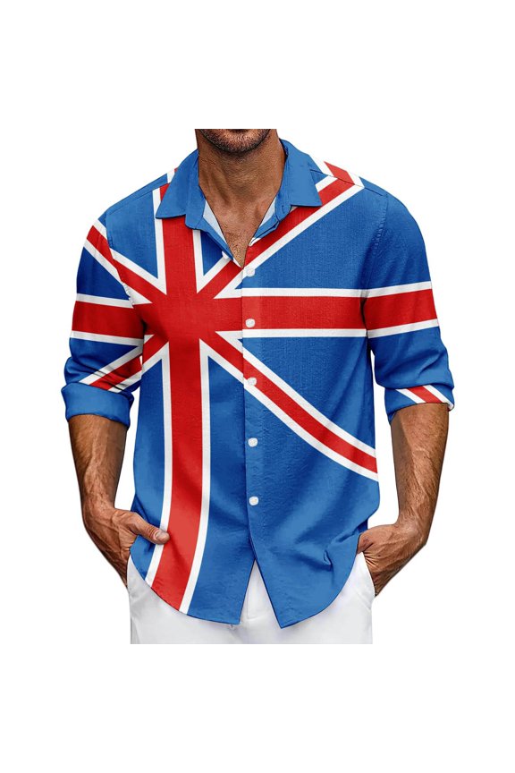 Mens Casual Shirts Men's Long Sleeve Shirt British Print Turn Down Collar Casual Wear Lightweight Everyday Button Down Top Breathable Blend Classic Fit Blue L