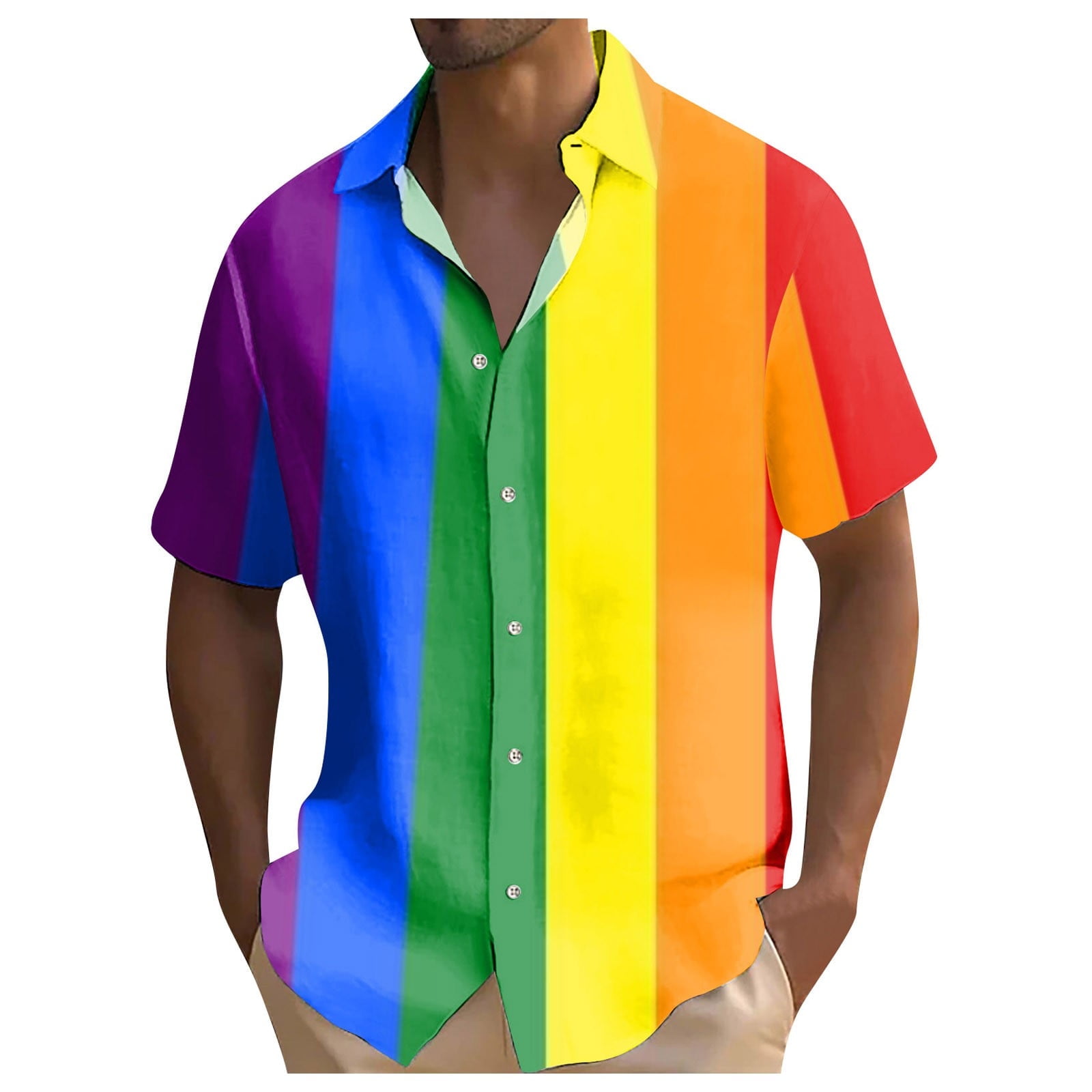 rainbow dress shirt men's Rainbow Striped Men's Casual Long Sleeve Button Down Pocket Shirt