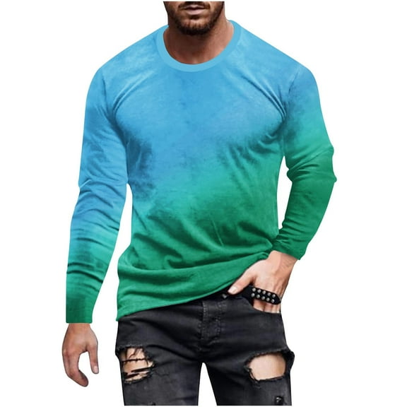 Mens Casual Shirts Qiggri Men Casual Gradation Printed Round Neck Long Sleeve Pullover T-Shirt Blouse