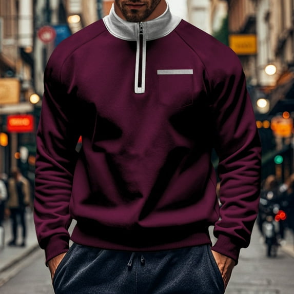 Mens Casual Shirts Sale Clearance Mens Casual Zip up Long Sleeve T-Shirts/Long Sleeve Polo Shirts Crew Neck Jumpers for Men Bottoming Shirts Tops Wine S