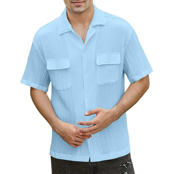 Mens Casual Shirts Short Sleeve Button Down Shirts Fashion Textured Summer Beach Shirt