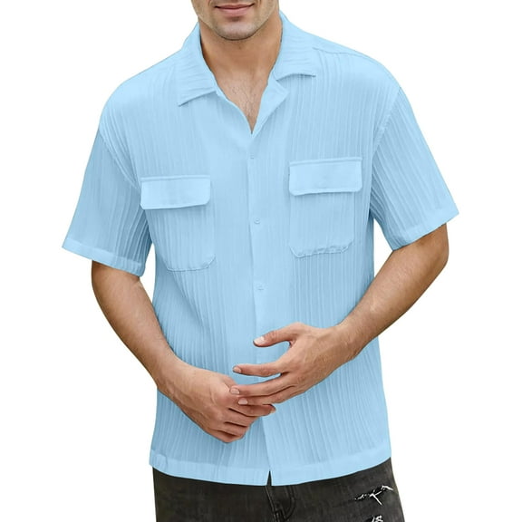Mens Casual Shirts Short Sleeve Button Down Shirts Fashion Textured Summer Beach Shirt