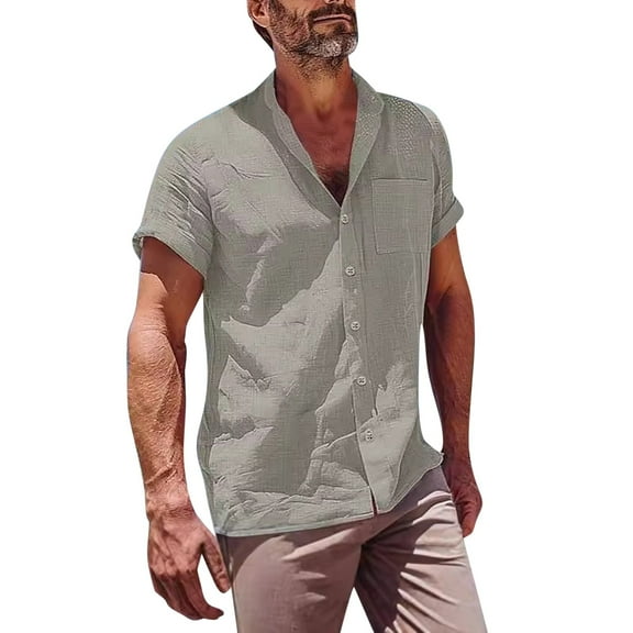 Mens Casual Shirts Short Sleeve Cotton Linen Lapel Solid Tee Shirt Button Up Lightweight Comfy Tunic Tee Tops Gray M