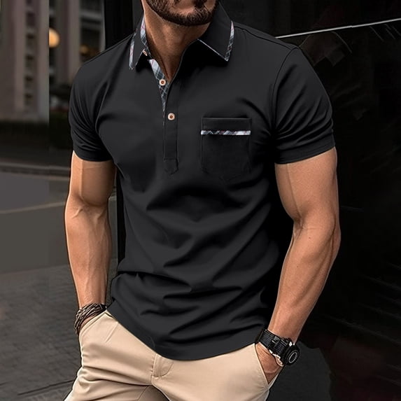 Mens Casual Shirts Solid Collared Short Sleeve Classic Pullover Patchwork Print Stretch Comfy Daily Shirts for Men