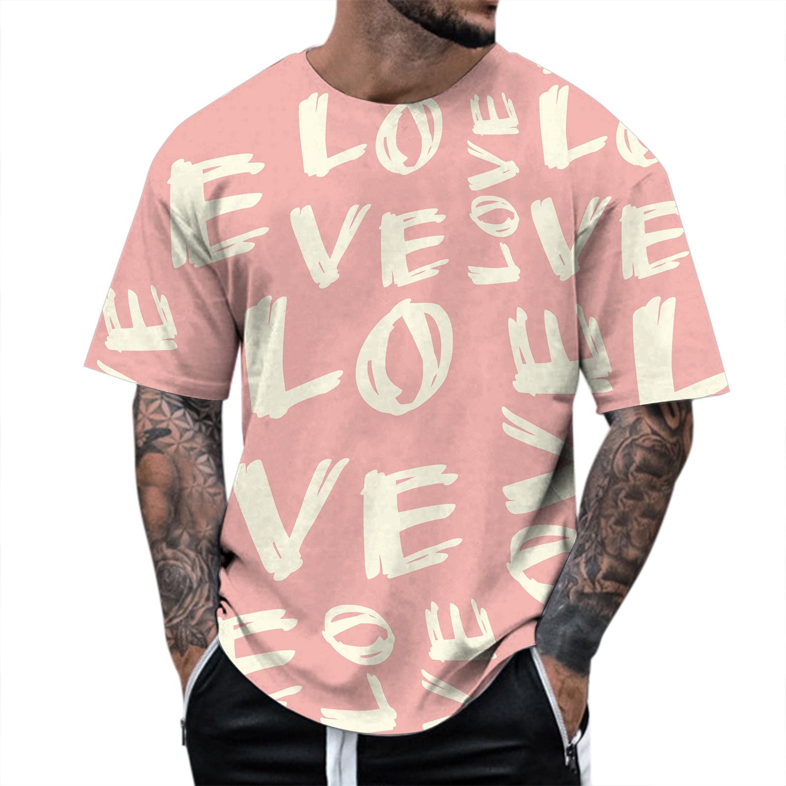 Mens Casual Shirts Valentine's Day Short Sleeve Love Letter Print T
