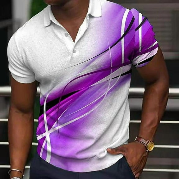 Mens Casual Short Sleeve 3D Digital Print T-Shirts Summer Workout Fitness Tops Man Stylish T Shirts Henley Blouse Purple L