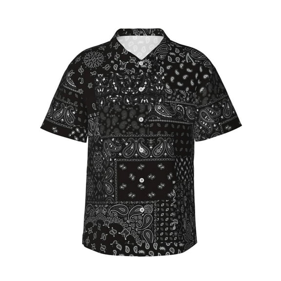 Mens Casual Short Sleeve Button-Down Hawaiian Shirts,Black Paisley Floral Shirts Regular Fit Beach Bowling Shirts with Front Pocket,L