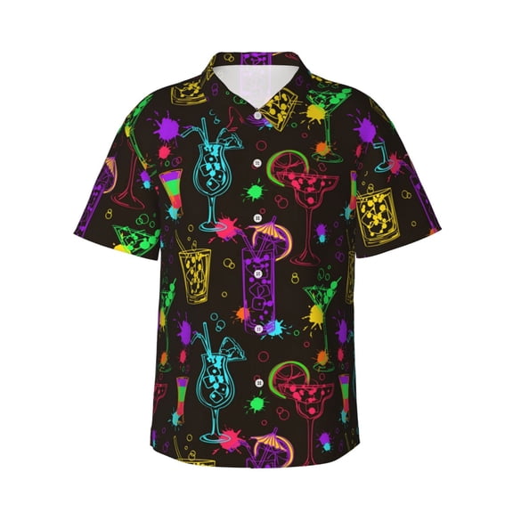 Mens Casual Short Sleeve Button Down Hawaiian Shirts,Bright Colorful Cocktails Shirts Regular Fit Beach Bowling Shirts with Front Pocket,L