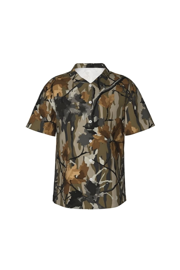Mens Casual Short Sleeve Button-Down Hawaiian Shirts,Camo Forest Hunting Shirts Regular Fit Beach Bowling Shirts with Front Pocket,S