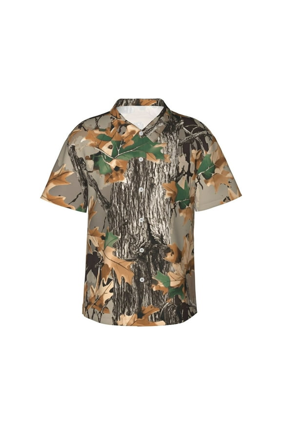 Mens Casual Short Sleeve Button-Down Hawaiian Shirts,Camo Forest Hunting Shirts Regular Fit Beach Dress Shirts with Front Pocket,2XL