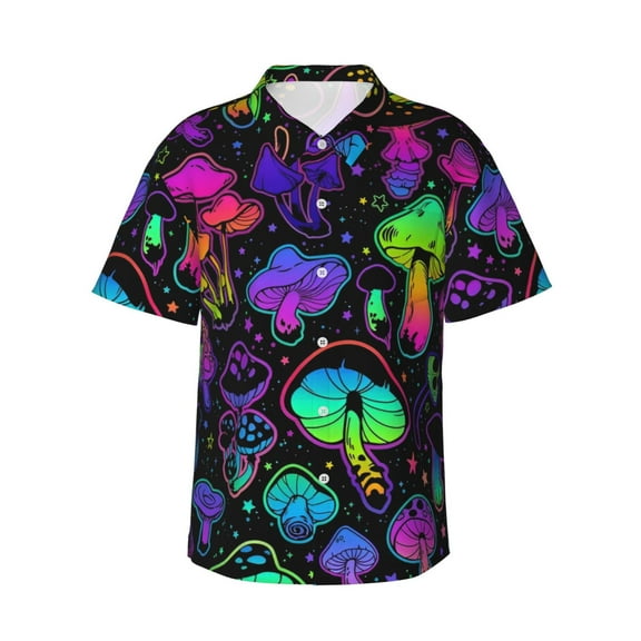 Mens Casual Short Sleeve Button Down Hawaiian Shirts,Colorful Mushrooms Shirts Regular Fit Beach Dress Shirts with Front Pocket,XL