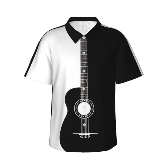 Mens Casual Short Sleeve Button-Down Hawaiian Shirts,Guitar White Black Shirts Classic Fit Beach Bowling Shirts with Front Pocket,S