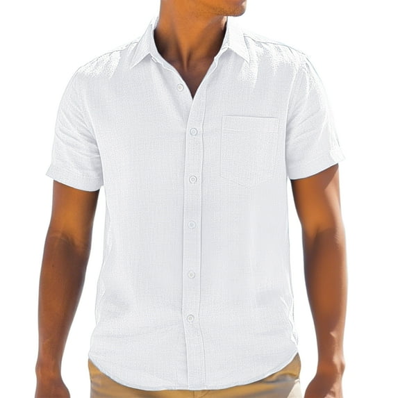 Mens Casual Short Sleeve Cotton Linen Shirts Buttons Down White Summer Beach Vacation Shirts 2XL