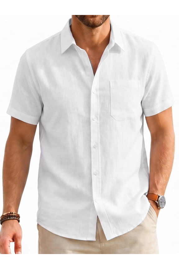Mens Casual Short Sleeve Cotton Linen Shirts Buttons Down White Summer Beach Vacation Shirts L