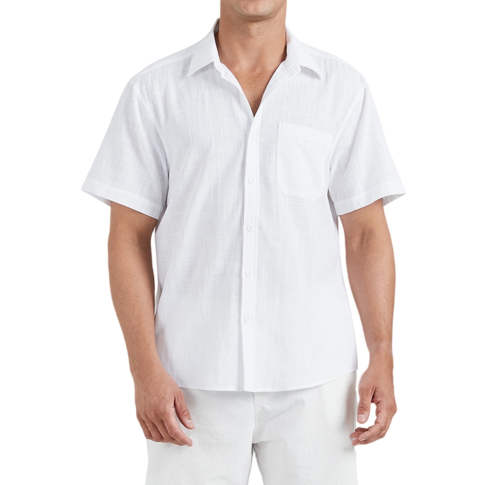 Mens Casual Short Sleeve Cotton Linen Shirts Buttons Down White Summer ...
