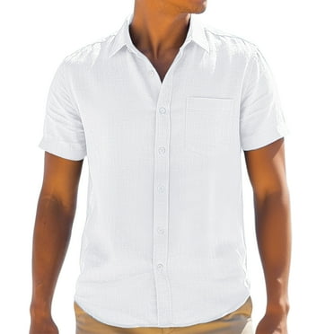 Mens Casual Short Sleeve Cotton Linen Shirts Buttons Down White Summer Beach Vacation Shirts L