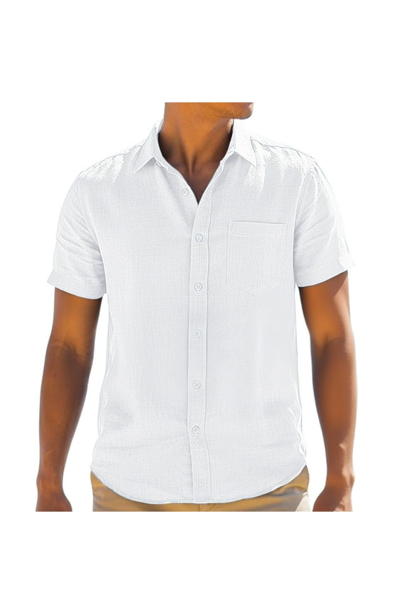 Mens Casual Short Sleeve Cotton Linen Shirts Buttons Down White Summer Beach Vacation Shirts L