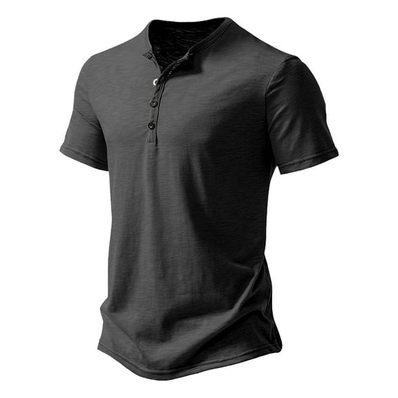 Mens Casual Short Sleeve Henley Shirts Fashion V-Neck Button T Shirts With Pocket Dark Gray M