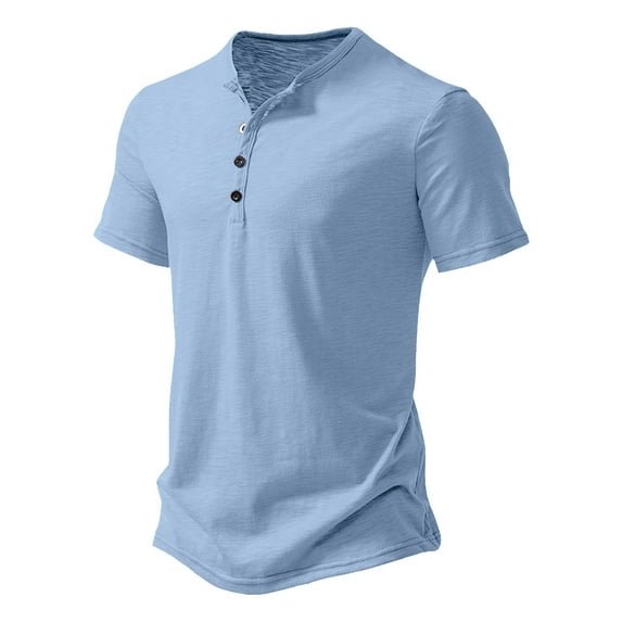 Mens Casual Short Sleeve Henley Shirts Fashion V-Neck Button T Shirts With Pocket Light Blue XXL