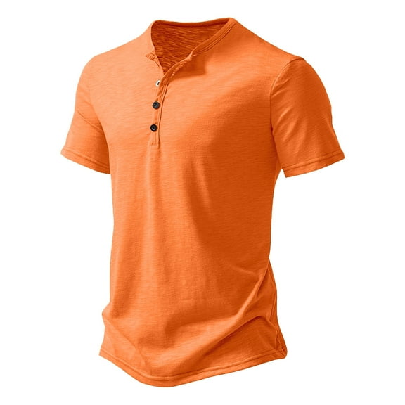 Mens Casual Short Sleeve Henley Shirts Fashion V-Neck Button T Shirts With Pocket Orange M