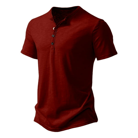 Mens Casual Short Sleeve Henley Shirts Fashion V-Neck Button T Shirts With Pocket Red XL