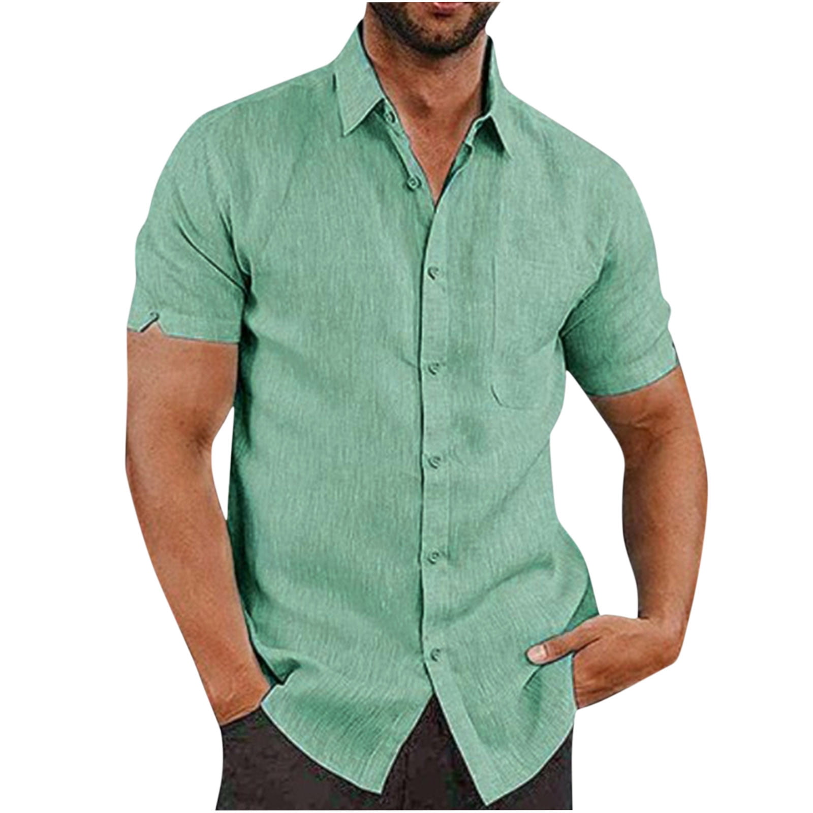 Mens Casual Short Sleeve Shirts Summer Cotton Linen Button Down Shirt ...