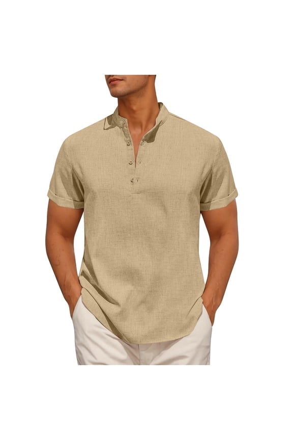 Mens Casual Short Sleeve T-Shirts Henley Band Collar Basic Shirts Summer Lightweight Breathable Loose Fit Athleisure Classic Tees