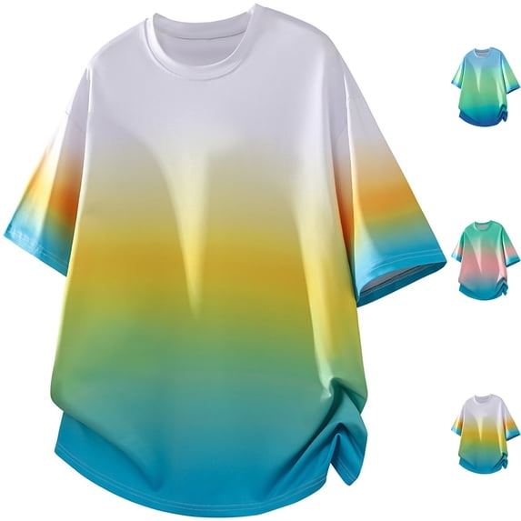 Mens Casual Short Sleeve T-Shirts Ombre Gradient Crew Neck Oversized Tee Summer Lightweight Breathable Ice Silk Shirts Streetwear Fashion Loose Fit Beach Tops for Leisure Daily Wear