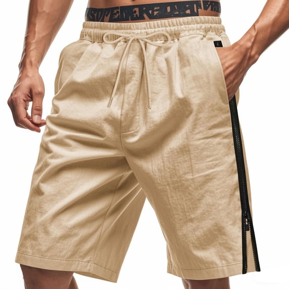 Mens Casual Shorts 9 Inch Drawstring Fitting Summer Beach Shorts Side Zipper Split Workout Running Shorts