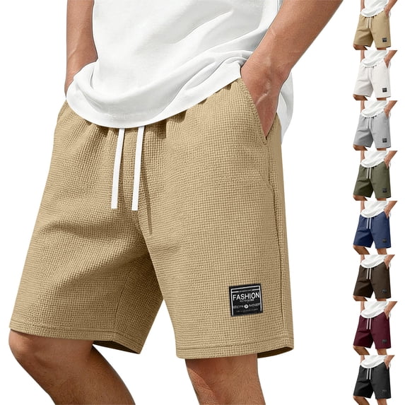 Mens Casual Shorts Cotton Drawstring 9 inch Waffle Shorts Stretch Elastic Waist Summer Beach Lounge Sweat Shorts Khaki M
