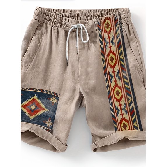 Mens Casual Shorts Elastic Waist Drawstring Textured Summer Beach Short Beige L