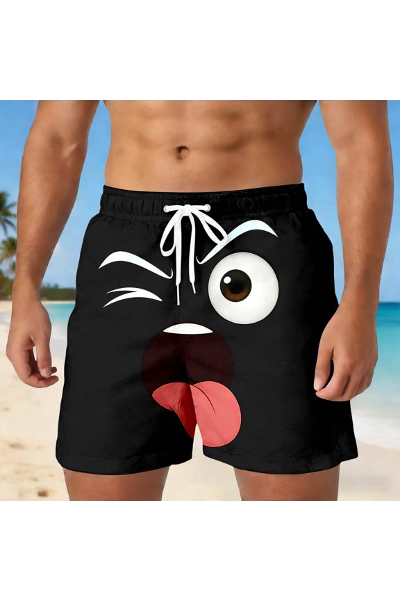 Mens Casual Shorts Funny Cartoon Face Print Short Pants with Drawstring Breathable Summer Board Shorts for Men Black L
