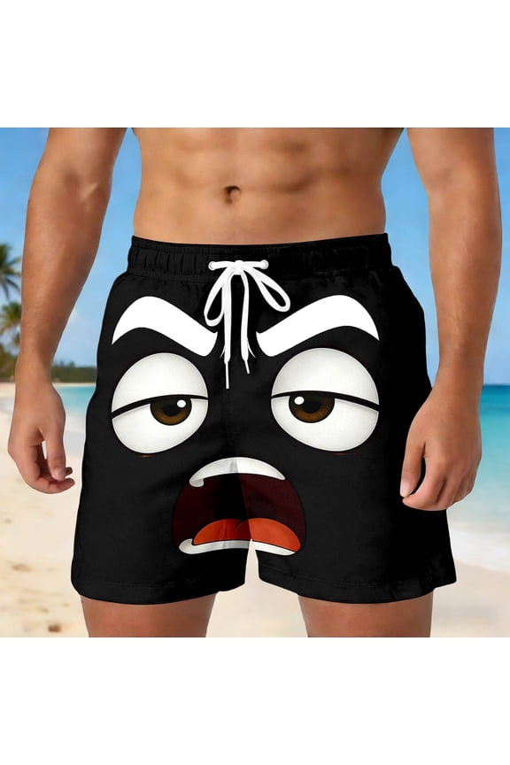 Mens Casual Shorts Funny Cartoon Face Print Short Pants with Drawstring Comfortable Summer Board Shorts for Men Black L