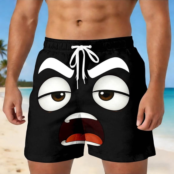 Mens Casual Shorts Funny Cartoon Face Print Short Pants with Drawstring Comfortable Summer Board Shorts for Men Black L