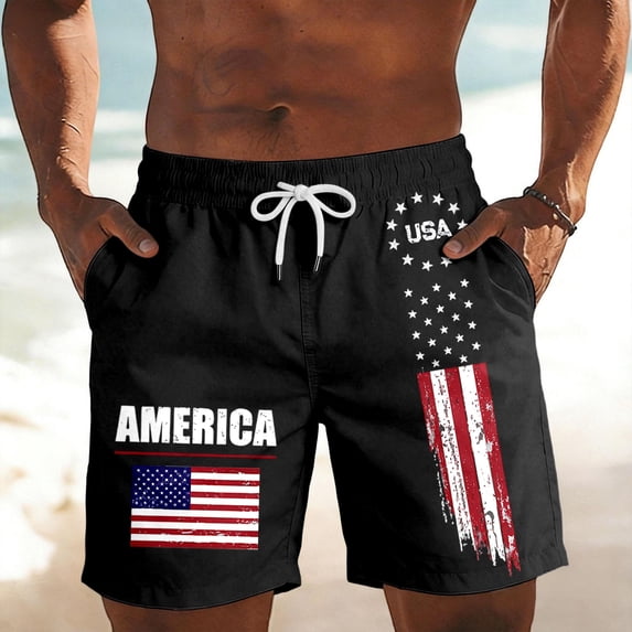 Mens Casual Shorts Independence Day Print Short Pant with Drawstring Patriotic Beachwear Holiday Beach Shorts Black XXXXXL