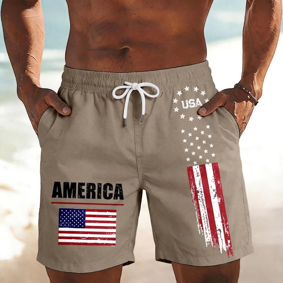 Mens Casual Shorts Independence Day Print Short Pant with Drawstring Patriotic Beachwear Holiday Beach Shorts Khaki L